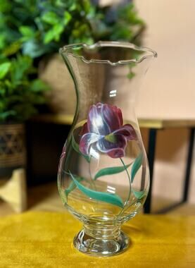 Vintage Hand-Painted Iris Glass Hurricane Vase – Ruffled Rim Pedestal Base